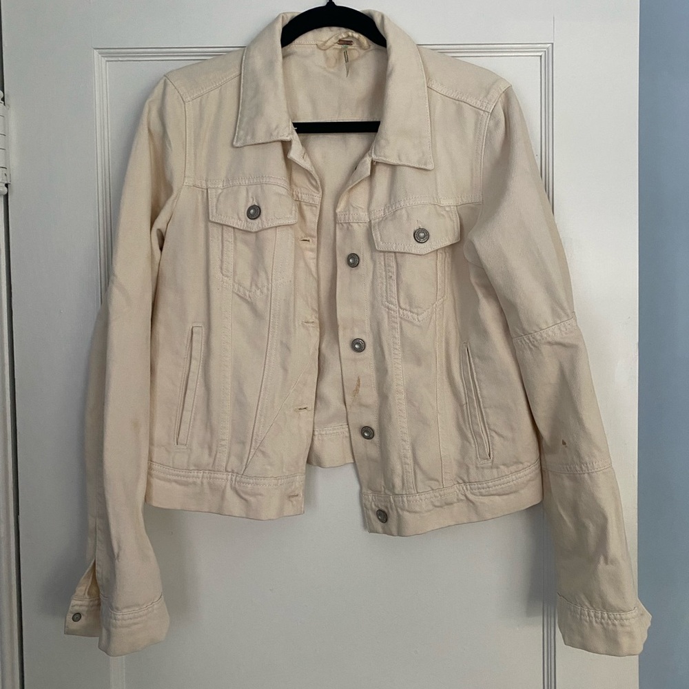 Free People Cream Jean Jacket Cropped Denim Style